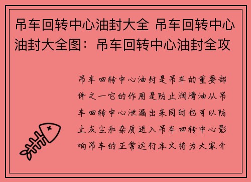 吊车回转中心油封大全 吊车回转中心油封大全图：吊车回转中心油封全攻略