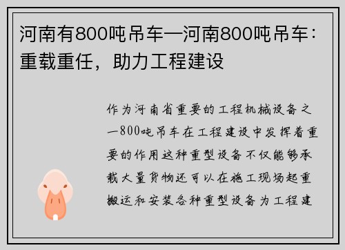 河南有800吨吊车—河南800吨吊车：重载重任，助力工程建设